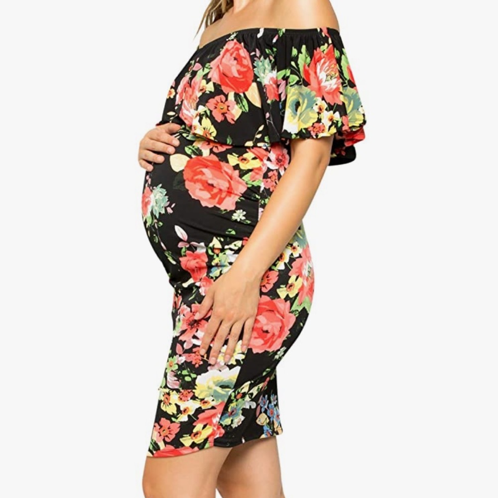 Off Shoulder Floral Maternity Dress - Ruched Ruffle - Picture 5 of 5